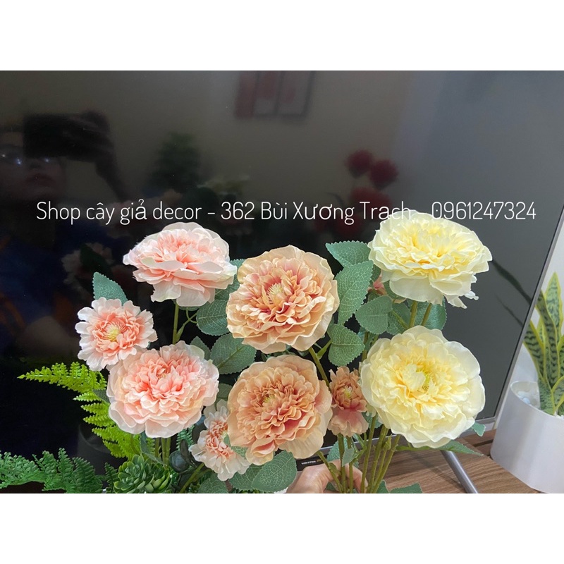 Chậu cây hoa giả - hoa mẫu đơn đầy đủ như hình