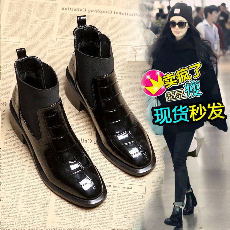 ♤▲European station chic soft lacquer Boots children's 2019 new spring and autumn Chelsea rough heel Martin women's Sho