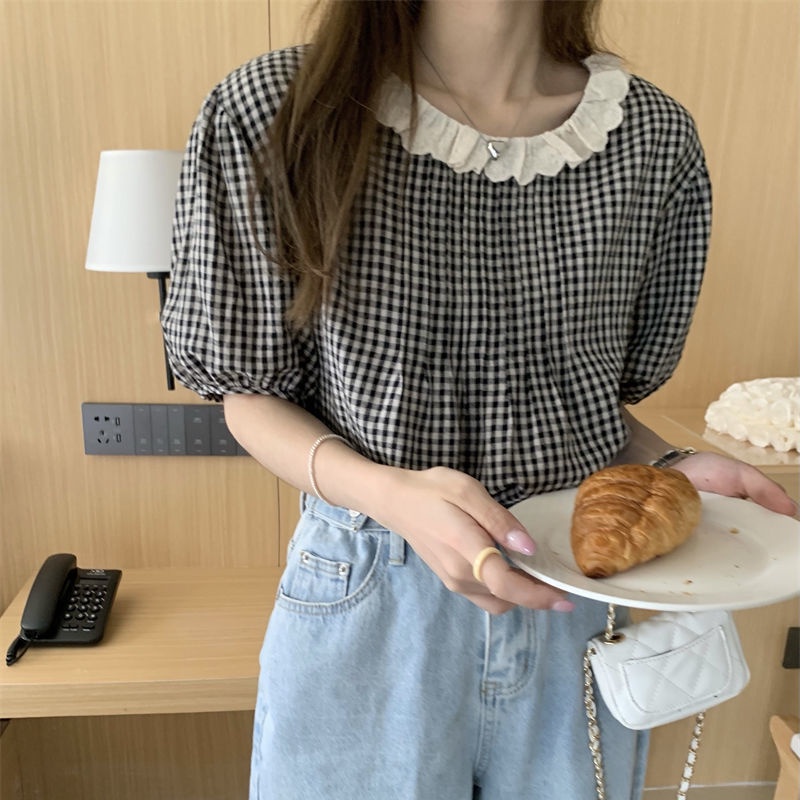 Áo Sơ Mi Tay Phồng Dáng Rộng Kẻ Sọc Ca Rô Dễ Thương