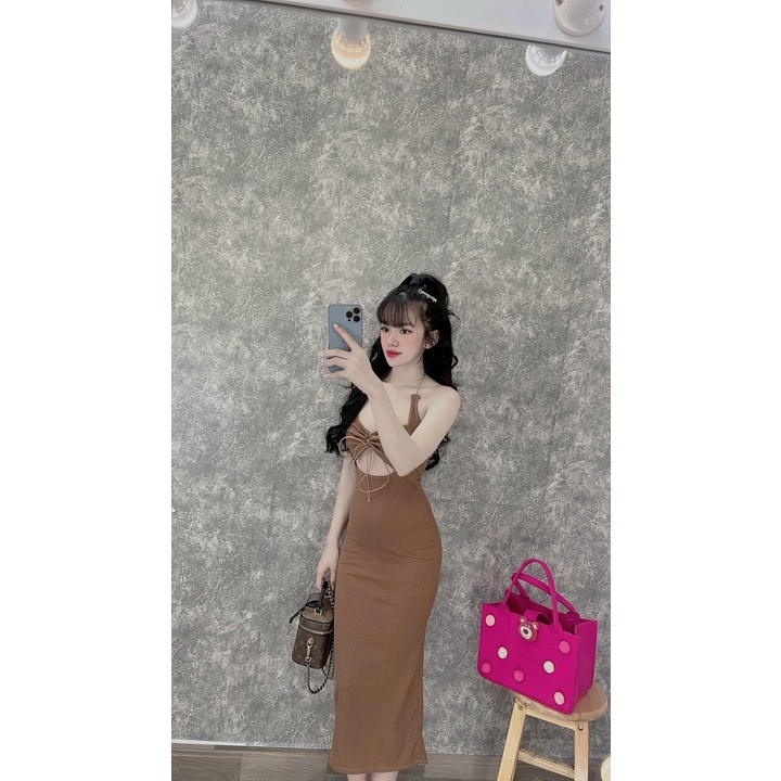 Đầm body 2 dây gân dáng dài rút ngực , khoét eo sexy