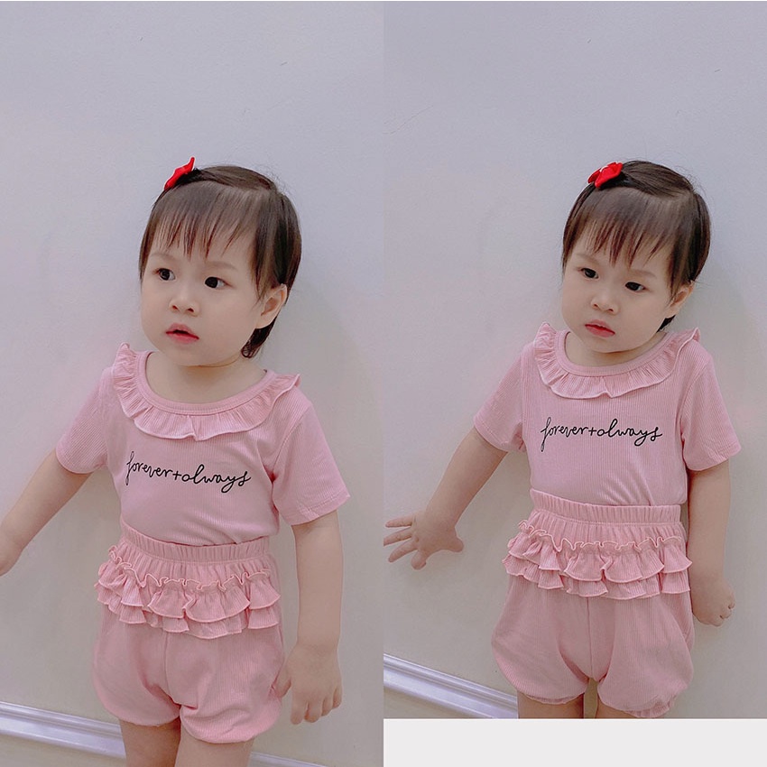 Bộ Quần Áo Trẻ Em Cộc Tay FOREVER ALWAYS Chấm Bi Bèo Vải Tăm Lạnh Cho Bé Gái Từ 8-20kg