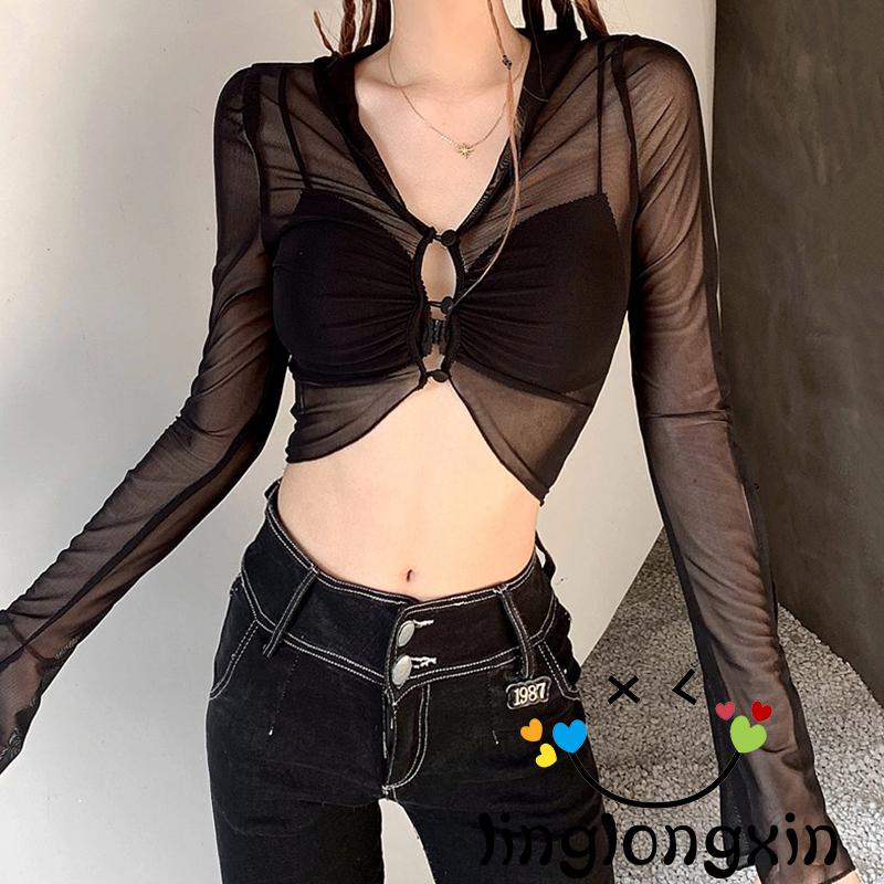 Áo Croptop Tay Dài Phối Lưới 2 Hàng Nút Thời Trang Đường Phố Cho Nữ