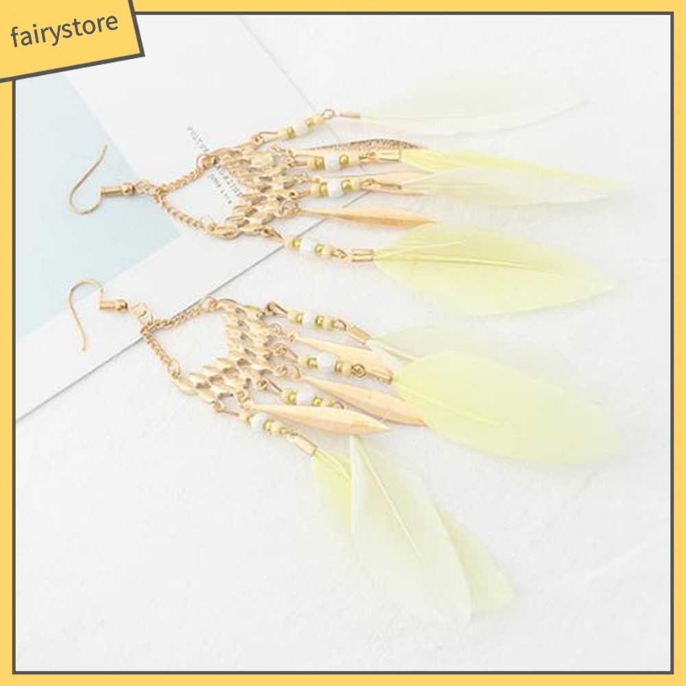 Khuyên tai dáng dài phối tua rua lông vũ phong cách Bohomian độc đáo