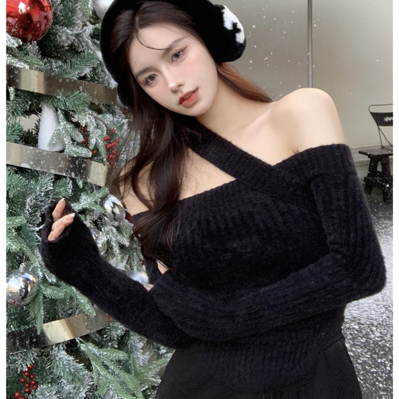 Áo Dệt Kim Trễ Vai Tay Dài Dáng Ôm Thời Trang Thu Đông Dành Cho Nữ