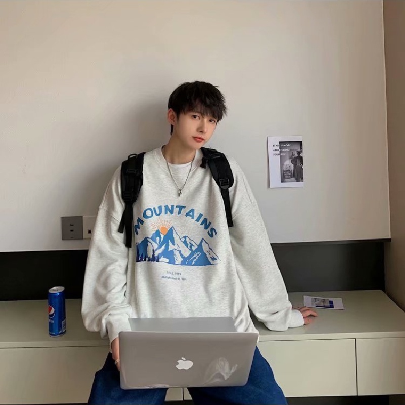 Áo sweater tay dài cổ tròn dáng rộng in họa tiết hoạt hình phong cách đường phố năng động Hàn Quốc cho nam