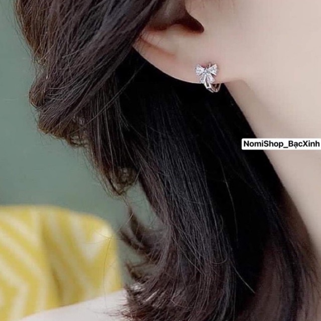 Bông tai nơ bạc đá chữ nhật cao cấp, chân ái của các nàng thơ Mainomi Shop Bạc Xinh