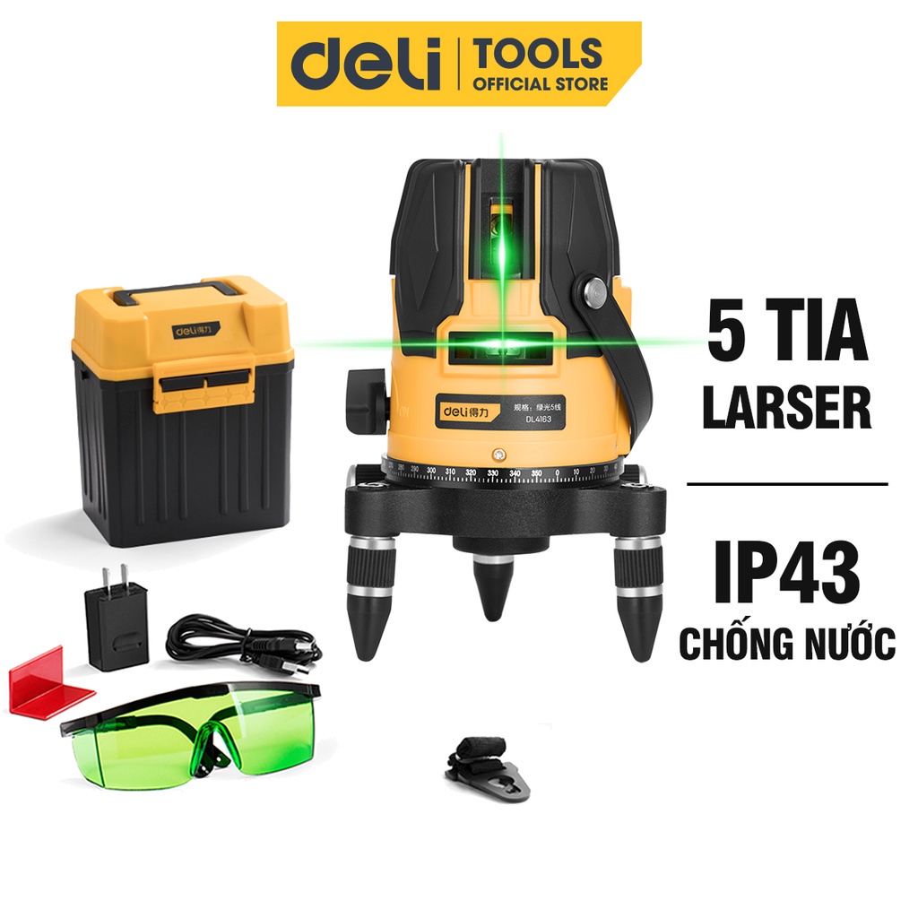 Máy Cân Bằng Laser 5 Tia Màu Xanh DELI - Chế Độ Pin Kép, Chống Nước, Chống Bụi - Đầy Đủ Phụ Kiện - Mã SP DL4163