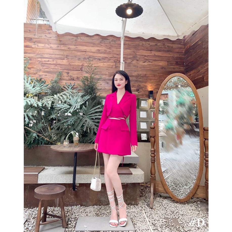 (Ưu Đãi freeship) Sét áo cổ vest croptop tay dài đan dây eo mix chân váy đắp chéo cực xinh,hàng chuẩn shop