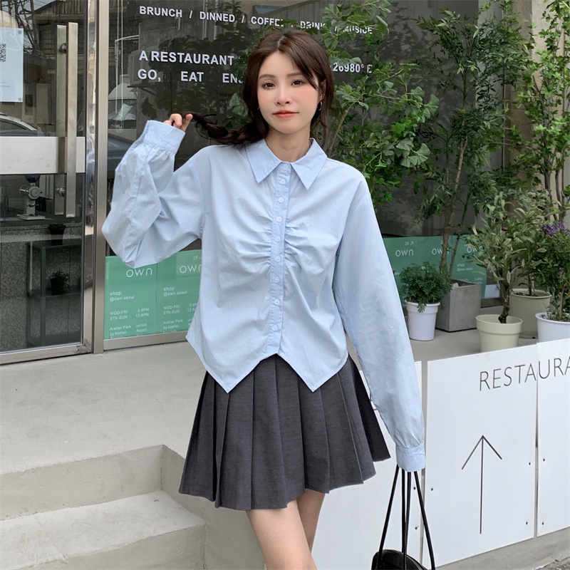 【ZHELIHANGFEI】Áo sơ mi không đều gấp tay dài kiểu dáng trường đại học eo cao