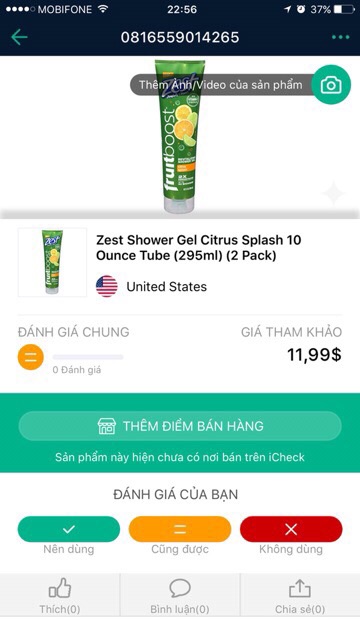 Sữa tắm Zest Fruitboost Revitalizing Shower Gel 295ml