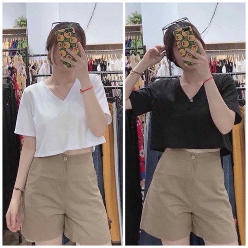 Áo croptop cổ tim ngắn tay đen trắng HARIQUEEN