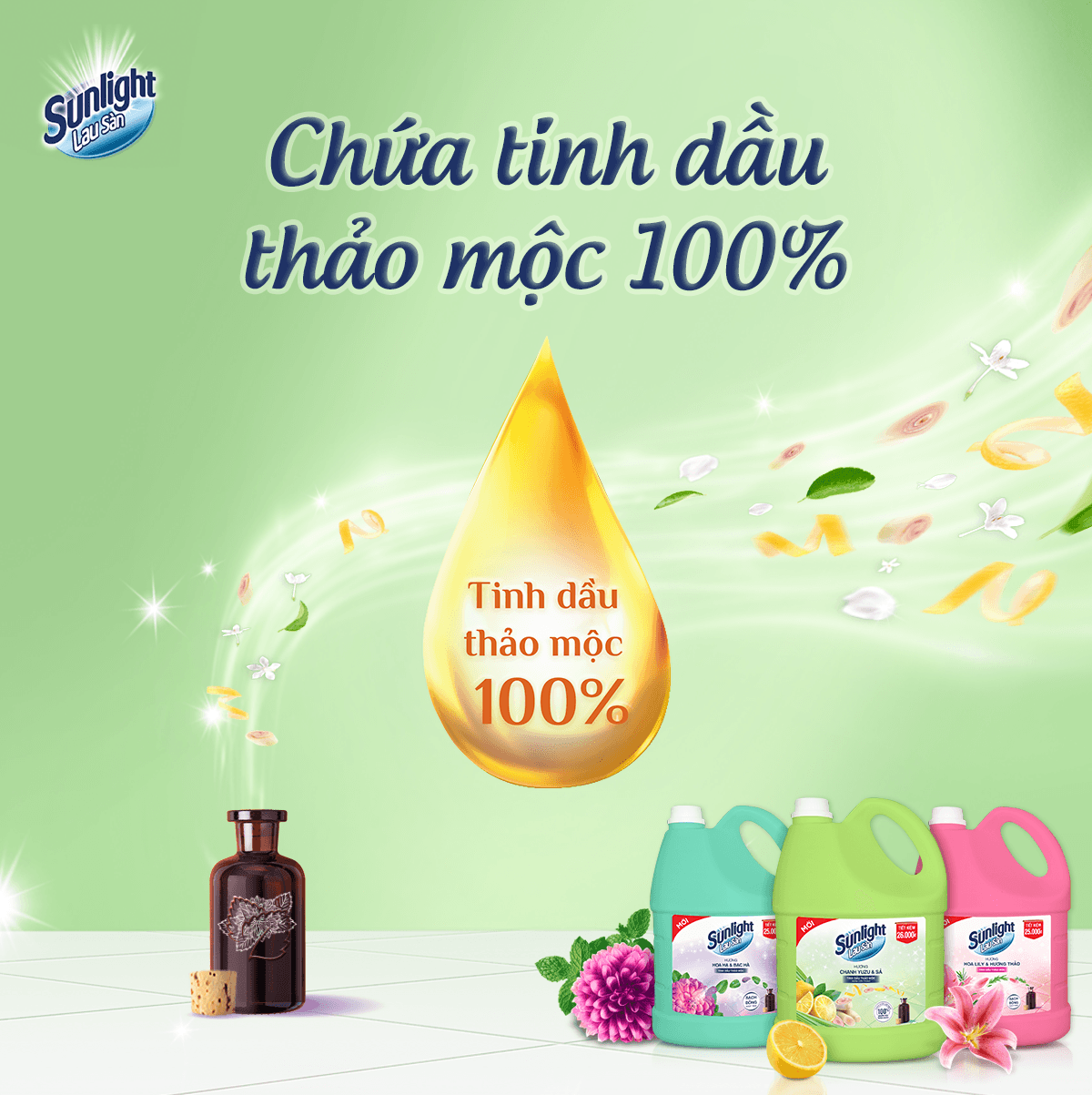 Nước Lau Sàn Sunlight Tinh Dầu Thảo Mộc Hương Hương Chanh Yuzu &amp; Sả 3.6 Kg - Sạch Thơm Thư Thái - Nhà Thêm Trong Lành