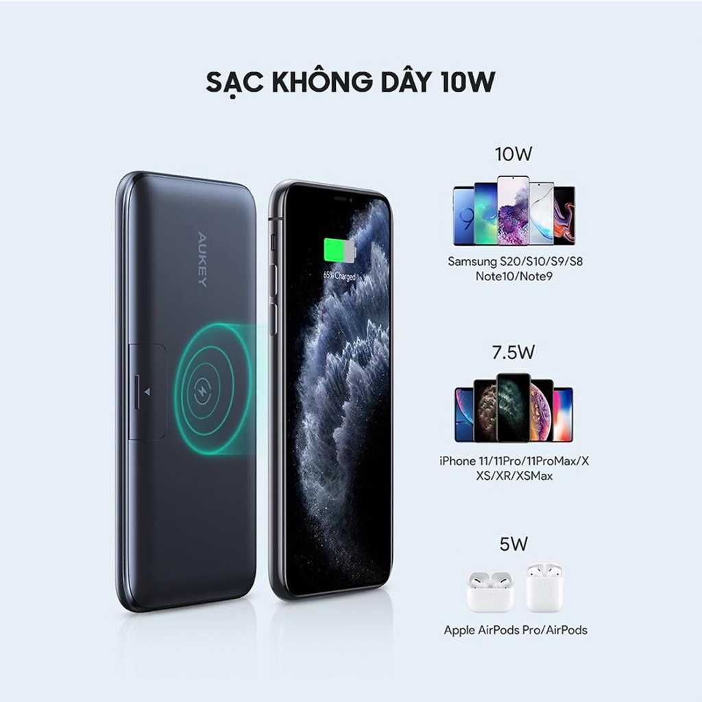 Sạc dự phòng không dây Aukey PB-WL02 10000mAh PB-WL03 20000mAh, Sạc Nhanh iPhone PD 18W,QC 3.0,Sạc Không Dây 5W 7.5W 10W