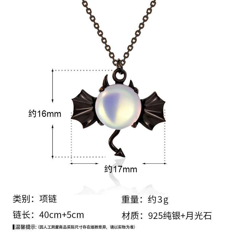 s925Sterling Bạc Quỷ Cổ Nữ Tối Dơi Moonstone Đá Mặt Dây Chuyền Mặt Halloween Trang Sức