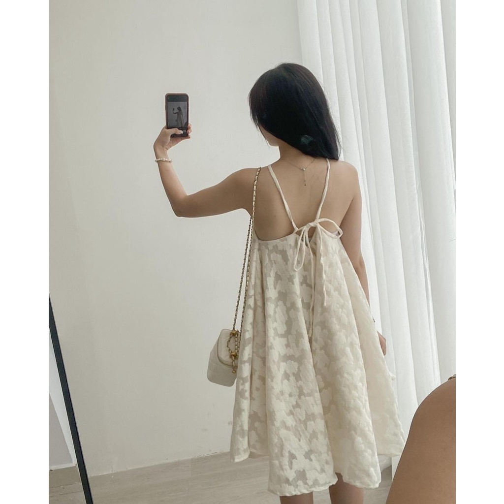 Váy kiểu nữ tiểu thư V.120, Váy midi voan cổ yếm 2 lớp nơ lưng họa tiết hoa daisy nổi ngọt ngào - Thời trang nữ Chấm Bi