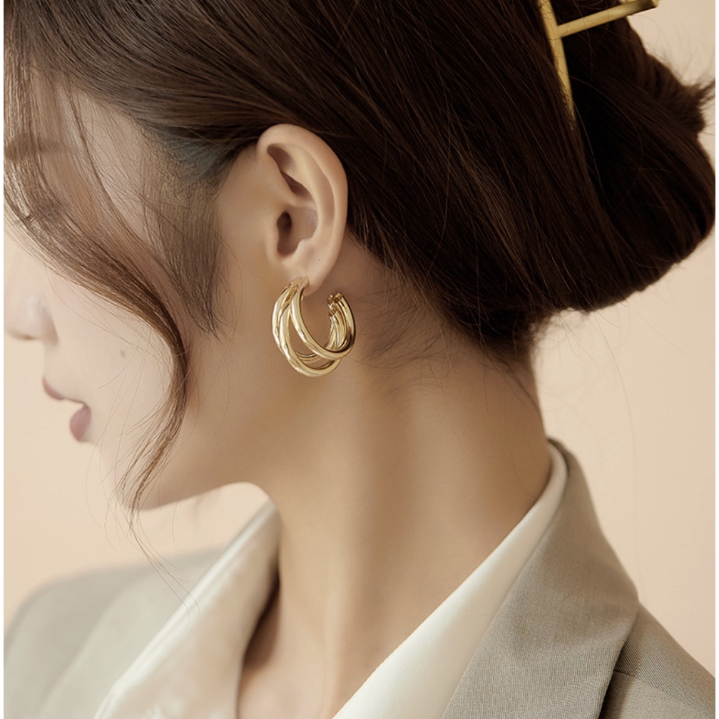 Bông tai/ Hoa tai hợp kim 3 vòng cỡ lớn phong cách Hàn Quốc