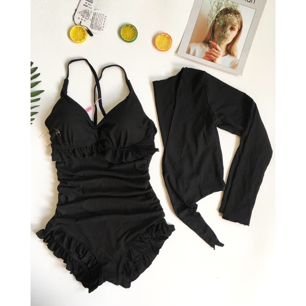 Bikini liền thân viền bèo tiếu thư kèm khoác( 2 màu)