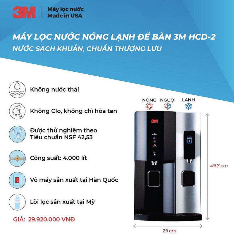 Máy Lọc Nước Nóng Lạnh Để Bàn 3M HCD-2 - Dung tích 8.2L, Hàng Chính Hãng