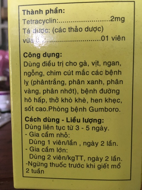 VIÊN ÔN THANH TETRACYCIN LỌ 32 VIÊN Dùng cho gà, vịt Phân xanh, phân trắng, phân vàng, hô hấp, khò khè, hen khẹc