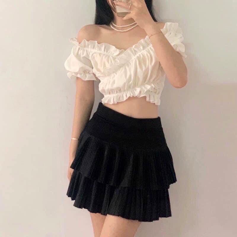 Áo Viền Bèo Croptop Trễ Vai Cổ Vạt Chéo Chun Ngực - Áo Cổ V Trắng Tay Phồng Chun Eo