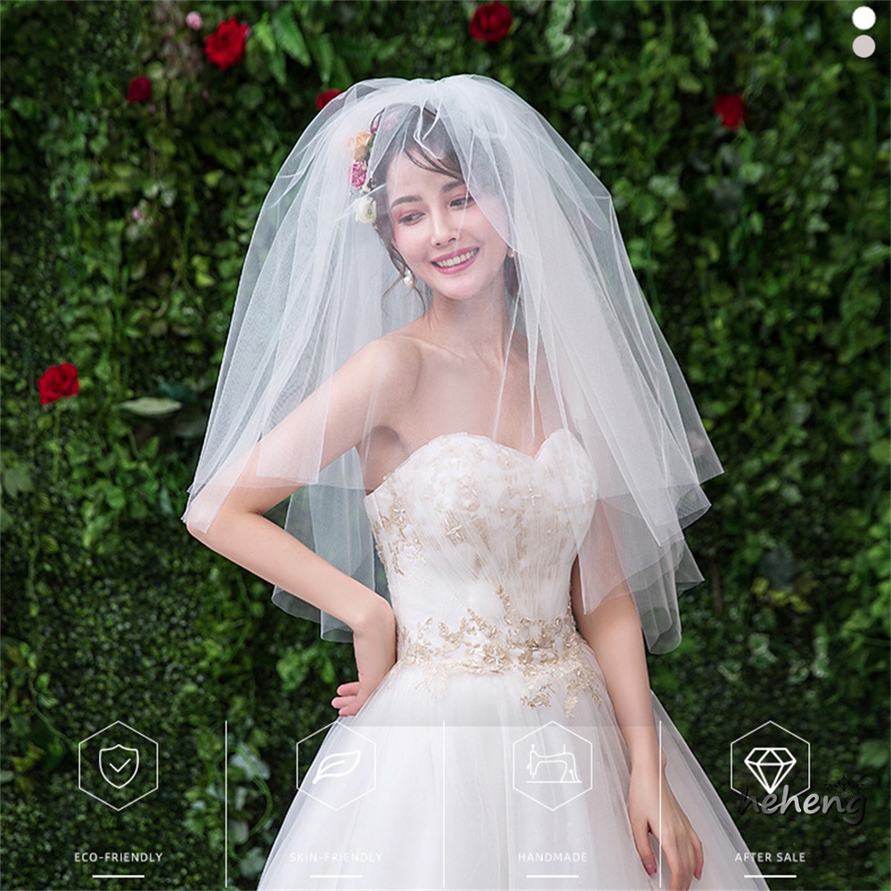 Mạng Che Mặt Cô Dâu 2 Tầng Ngắn Vải Tuyn Viền Kim Loại Kèm Lược Kim Loại Dành Cho Cô Dâu