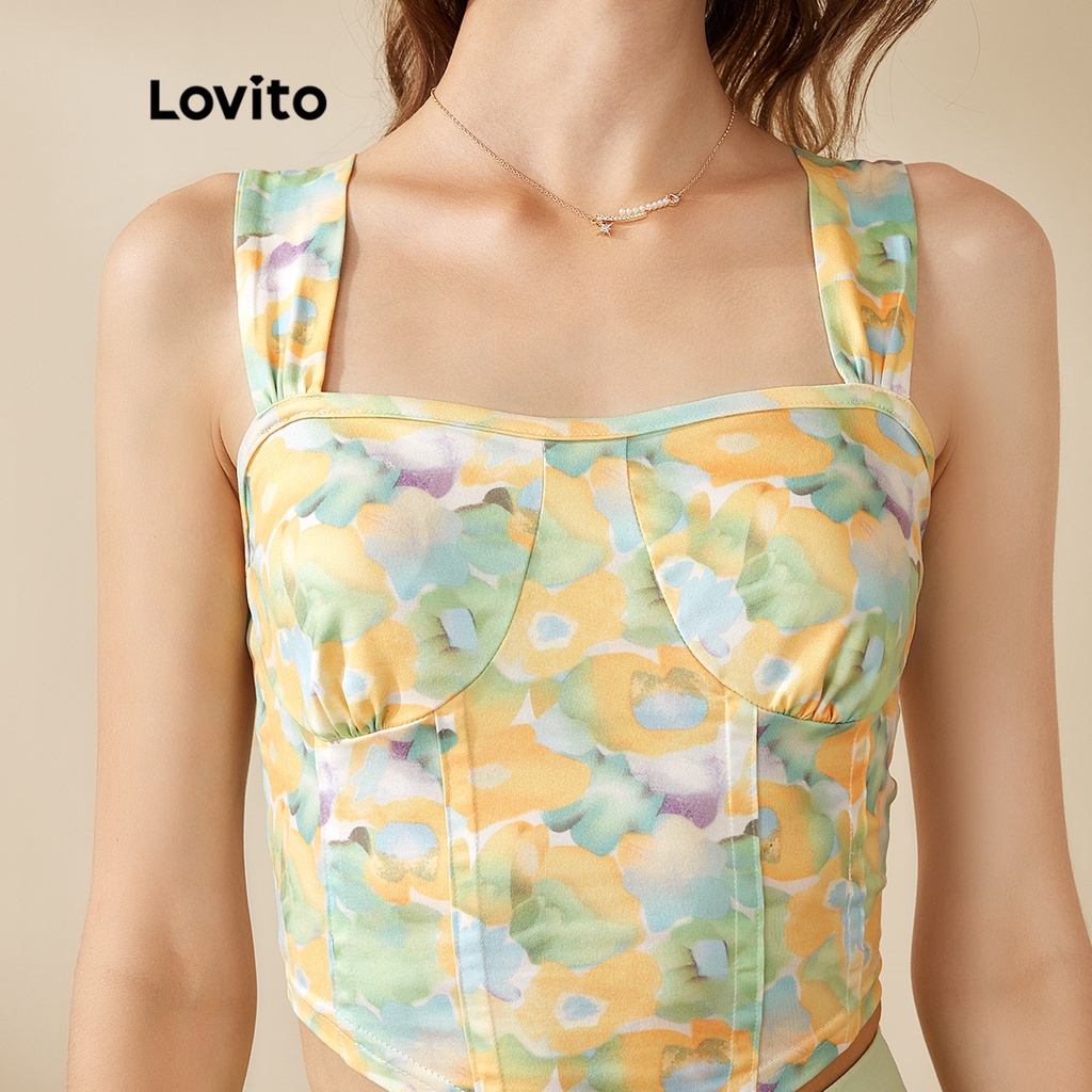 Lovito Áo Cổ Vuông In Hoa Giản Dị L20D1045 (Màu Xanh Lá Nhạt)