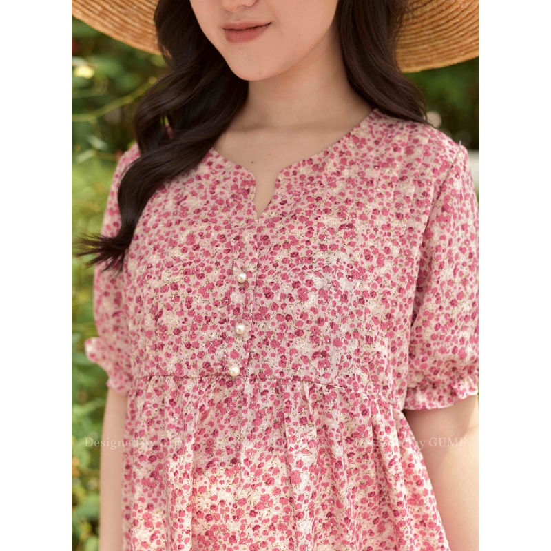 Váy Bầu Công Sở - Đầm Bầu GUME hoa đỏ 3 tầng phối tay bo chun chất vải đũi tơ size từ 40-100kg GM025 ảnh thật