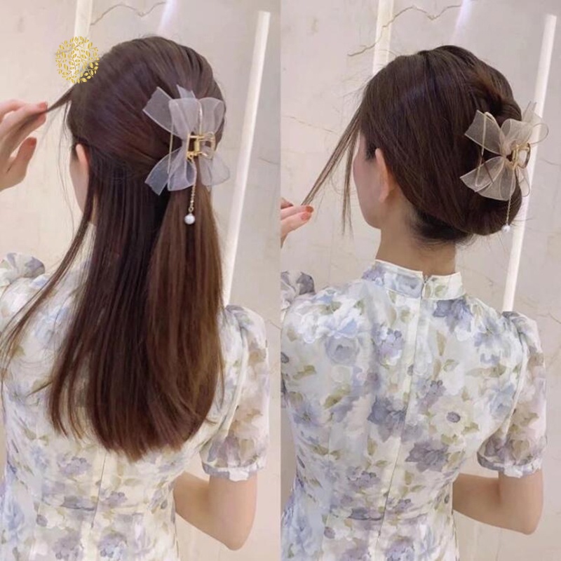 Kẹp gắp tóc hình nơ bằng hợp kim phối ren đính hạt ngọc trai giả thời trang Hàn Quốc cho nữ