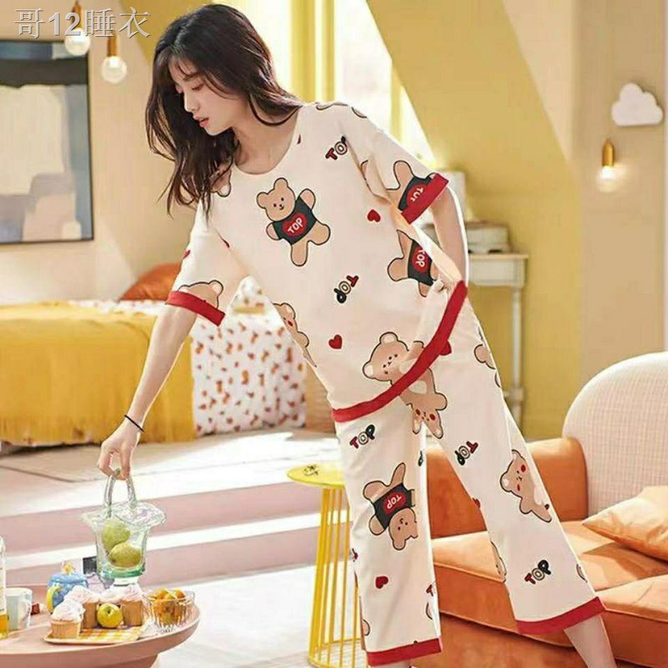 X100% cotton ngắn tay quần dài cắt xén pijama nữ sinh mùa hè dễ thương bộ đồ rộng rãi hàn quốc có thể mặc ở nhà