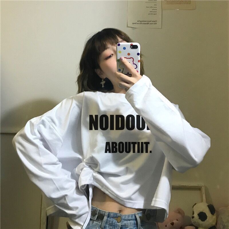 Áo Thun Crop Top Cổ Tròn Tay Dài Dáng Rộng Lưng Cao Phối Dây Rút Thời Trang Mùa Thu Cho Nữ JH-CX-84