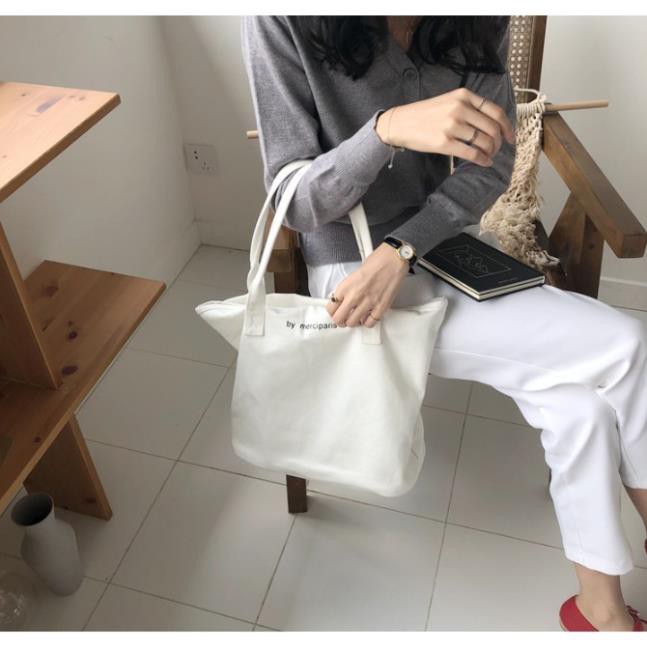 Túi tote vải túi canvas CỠ LỚN nữ unisex có khóa kéo in chữ Merciparis mềm đẹp giá rẻ phong cách Hàn Quốc Tuidepstore