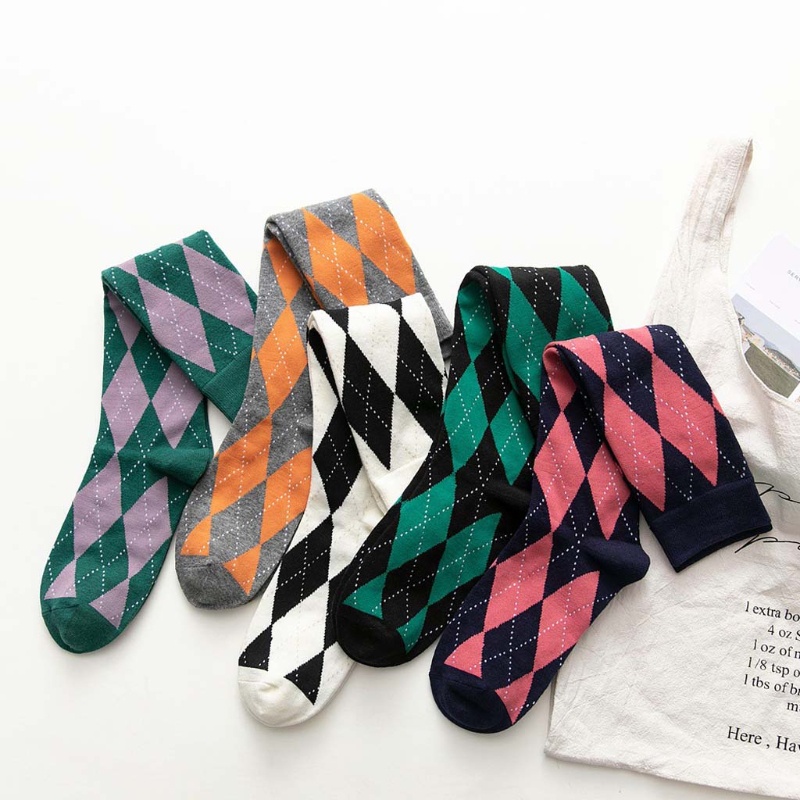 Vớ Cotton Cổ Cao Qua Gối In Họa Tiết Kim Cương Màu Sắc Tương Phản Phong Cách Preppy Nhật Bản Thời Trang Mùa Thu Cho Nữ