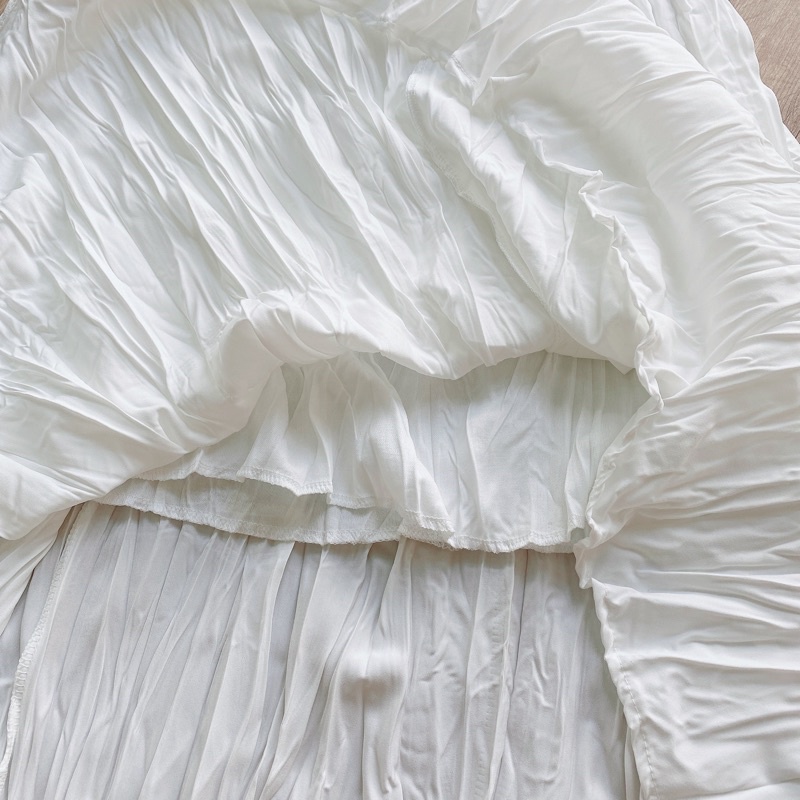 Urihouse - Chân váy nhăn xoè dáng dài midi cạp cao chun màu đen, màu trắng có lớp lót phía trong