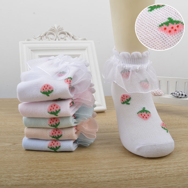 Vớ Cotton Phối Ren Thoáng Khí Họa Tiết Dâu Tây Màu Hồng Dễ Thương Thời Trang Mùa Hè Cho Bé Gái 0-9 Tuổi