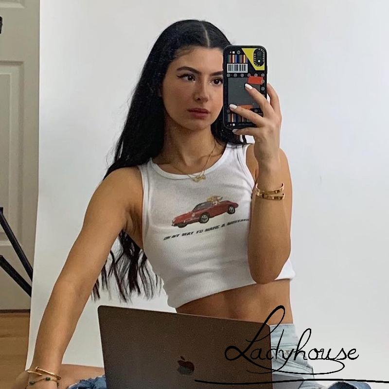 Áo Croptop Không Tay Cổ Tròn Thoáng Khí In Chữ Dành Cho Nữ