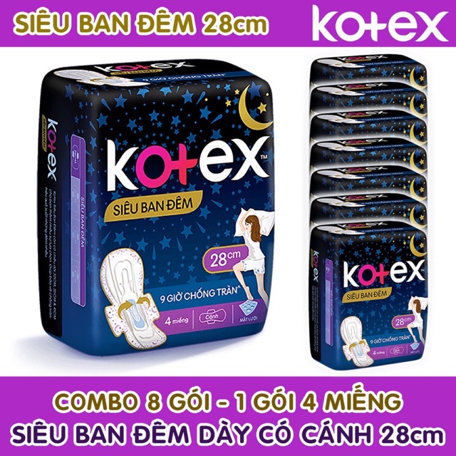 Lốc 8 Gói Băng Vệ Sinh Kotex Ban Đêm 28cm Có Cánh- Có Tặng