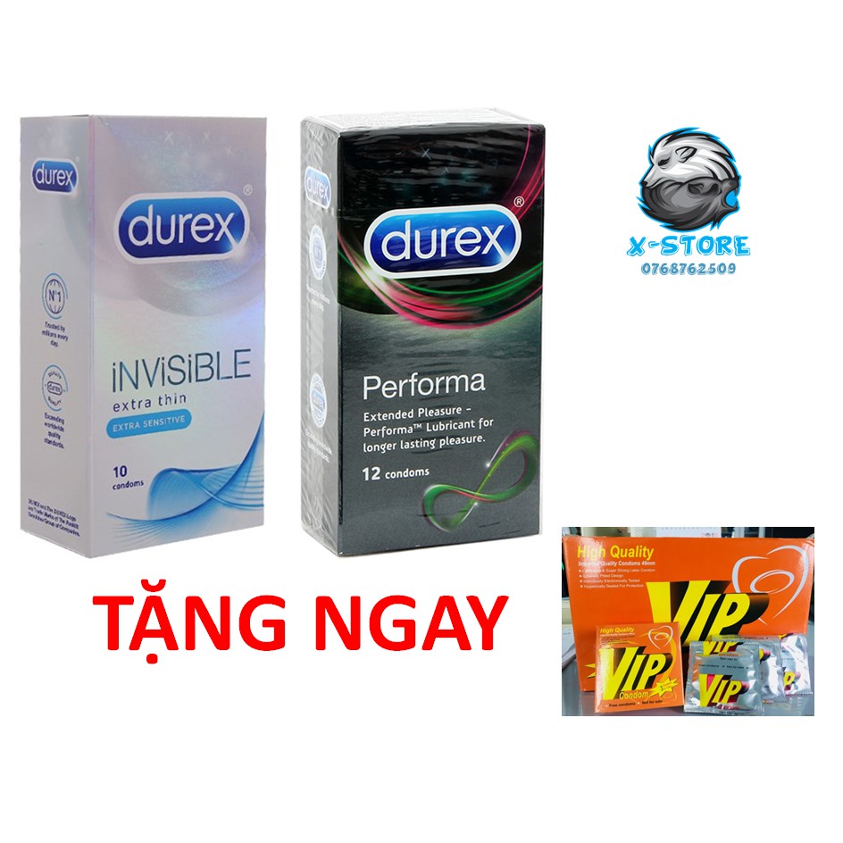 [Che tên] COMBO 1 Hộp Durex Invisible 10 cái siêu ôm khít + 1 Hộp Durex Performa 12 cái kéo dài thời gian