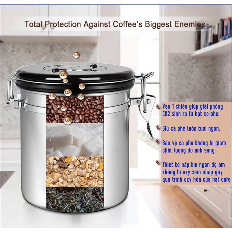 Hộp đựng cà phê chuyên dụng có theo dõi ngày lưu và van xả CO2 | BigBuy360 - bigbuy360.vn