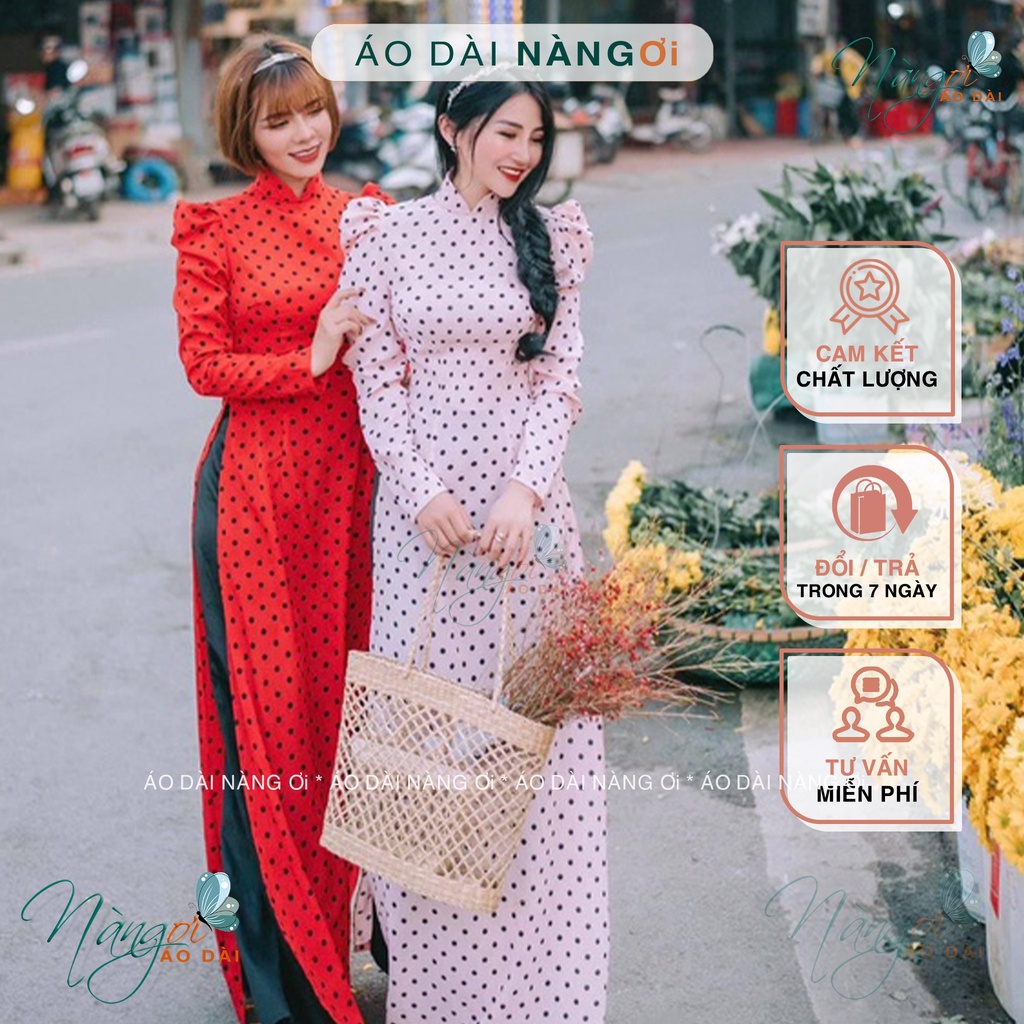 Áo dài chấm bi tay phồng - Áo dài truyền thống vai bồng lụa đẹp chụp hình xinh