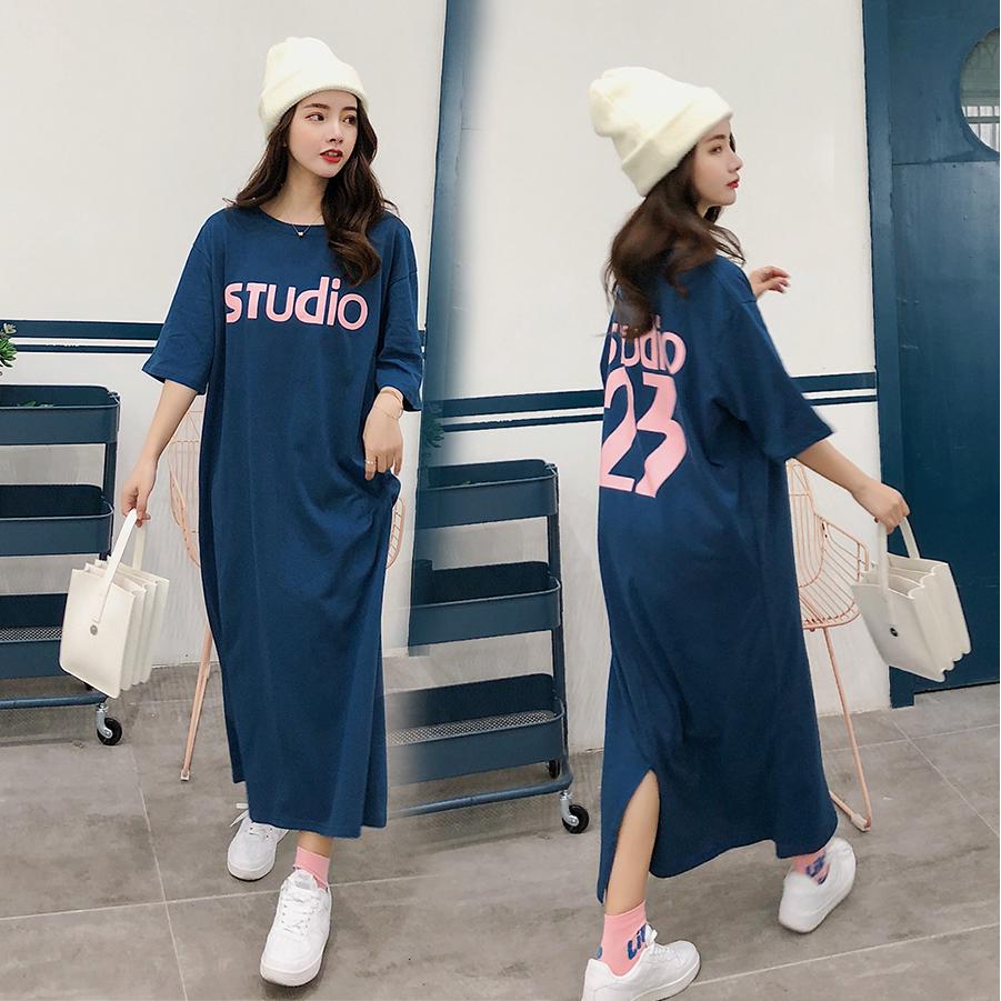 Áo thun nửa tay dáng rộng phiên bản dài👉Lười Dài T Over-the-Knee Dài Đại Dương Size Lớn Mang Thai👗Royal Blue Phong Cách Hàn Quốc 23 Chữ In Mùa Hè Mới Lưng Chia Đầm Thường Ngày