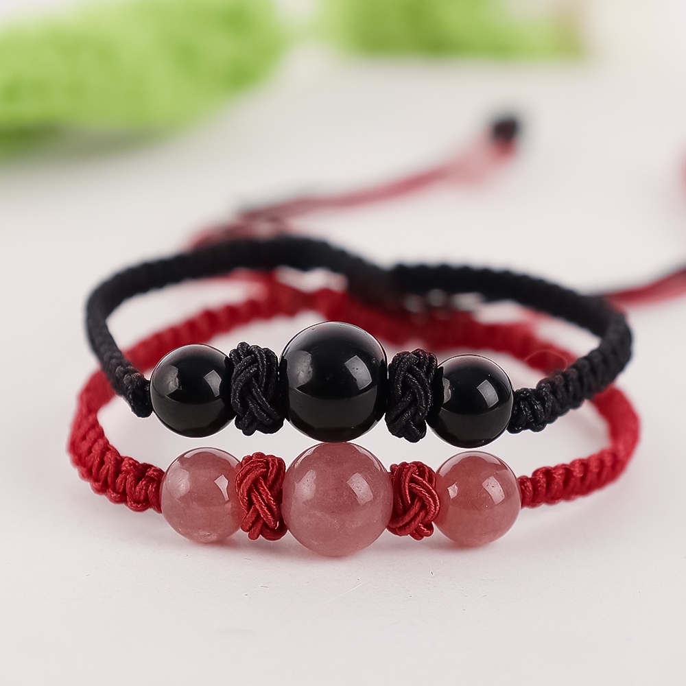 Vòng Tay Dây Bện Mặt Đá Obsidian Hình Quả Dâu Màu Đỏ Đen Thời Trang Cho Cặp Đôi