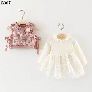 Váy trắng cotton chân ren + áo ghile len