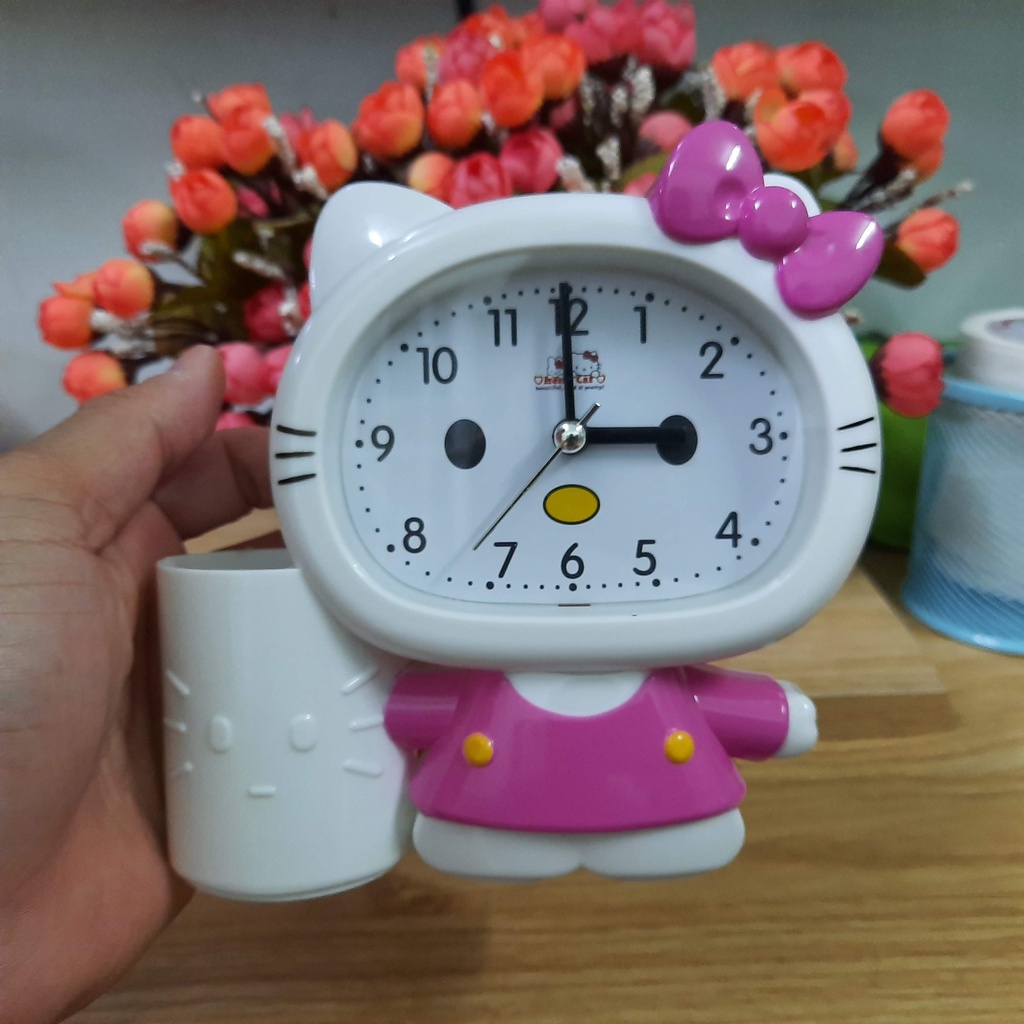 Đồng hồ để bàn chức năng xem giờ báo thức có lọ đựng bút hình mèo Hello kitty