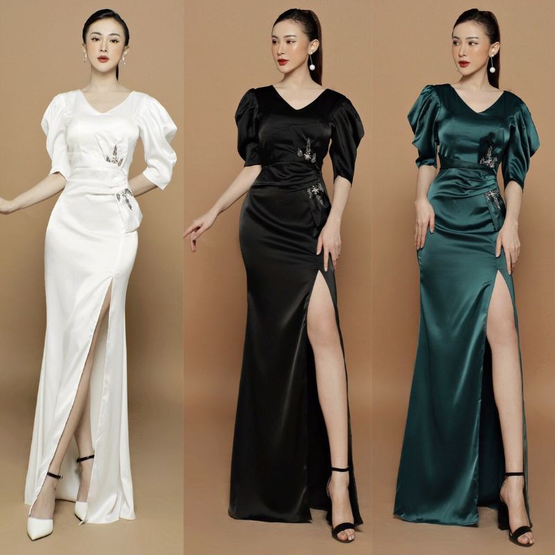 Đầm dạ hội tay phồng đính pha Lê cao cấp có size 2XL  tặng hoa tai thời trang