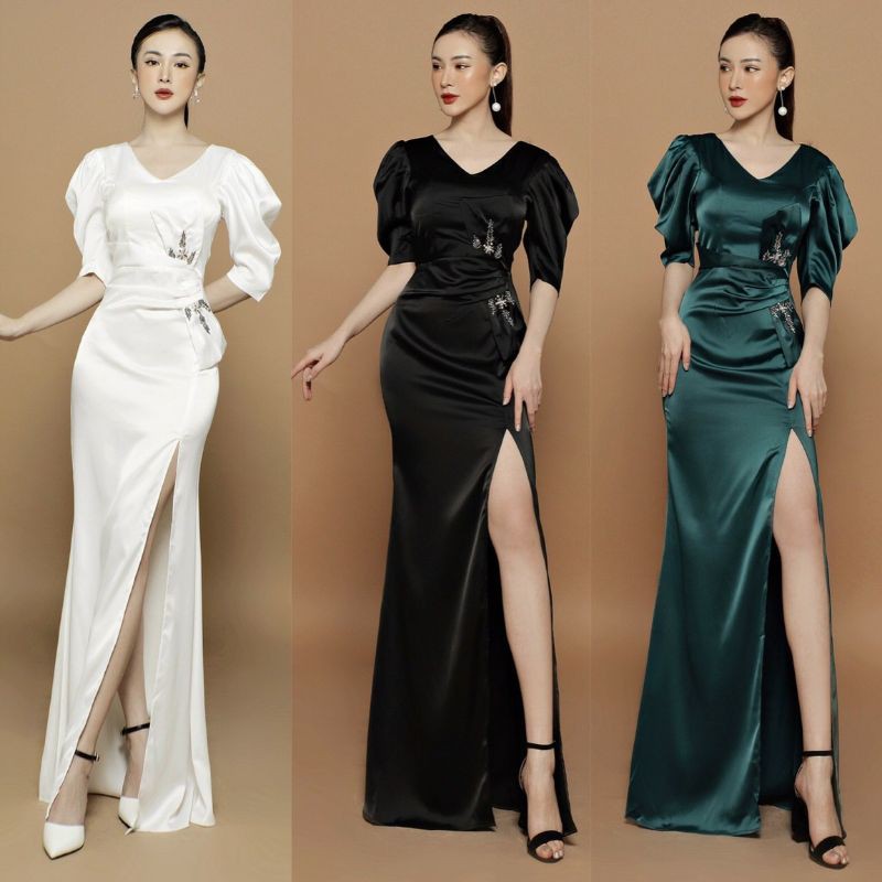 Đầm dạ hội tay phồng đính pha Lê cao cấp có size 2XL tặng hoa tai thời trang