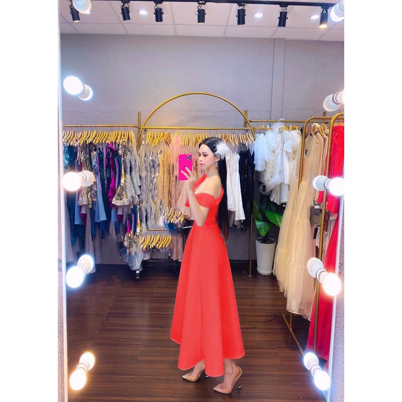 Đầm xoè dự tiệc lệch vai hoa nổi chất poly có dãn TRIPBLE T DRESS - size M/L -MS257V