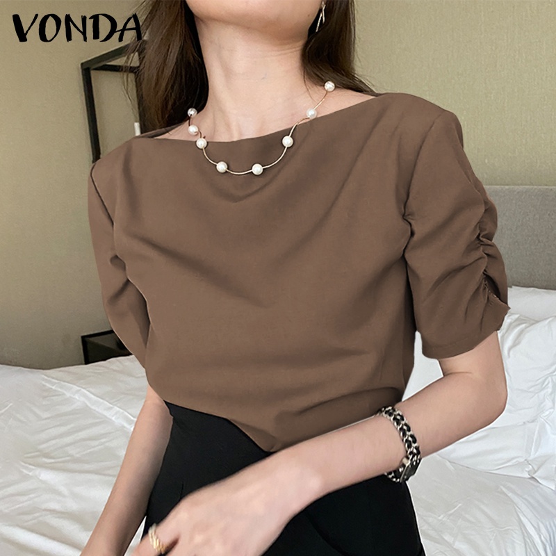 Áo kiểu VONDA cổ tròn tay ngắn màu trơn phong cách Hàn Quốc nữ tính thanh lịch