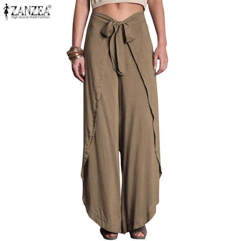 Quần Dài Zanzea Ống Rộng Eo Buộc Dây Kiểu Bất Đối Xứng Phong Cách Sành Điệu Cho Phụ Nữ