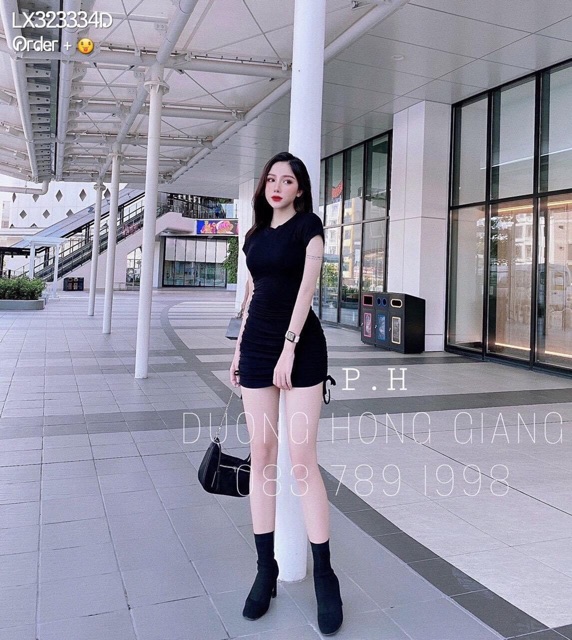 Đầm body chất vải Borip phối dây rút đùi Free Size