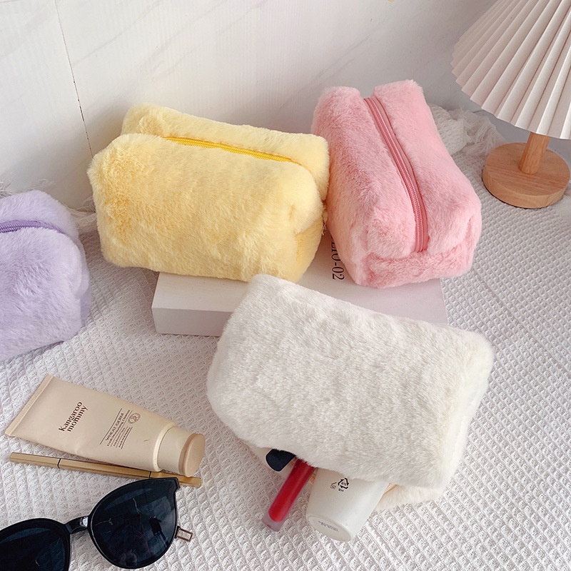 Túi Đựng Bút / Mỹ Phẩm Phối Lông Màu macaron Phong Cách Hàn Quốc Xinh Xắn Ốp